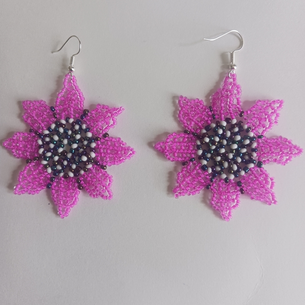 Handmade beaded jewerly Earrings seed beads neon pink